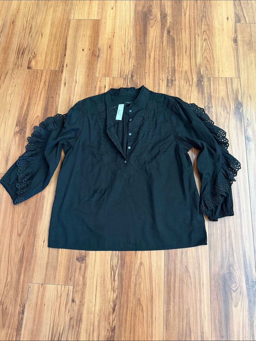 J. Crew Black Eyelet Sleeve V-Neck Blouse